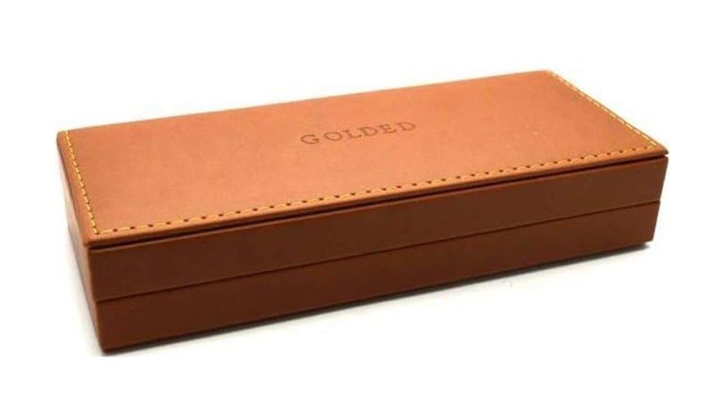 Long closed brown PU presentation box with visible stitching around its lid