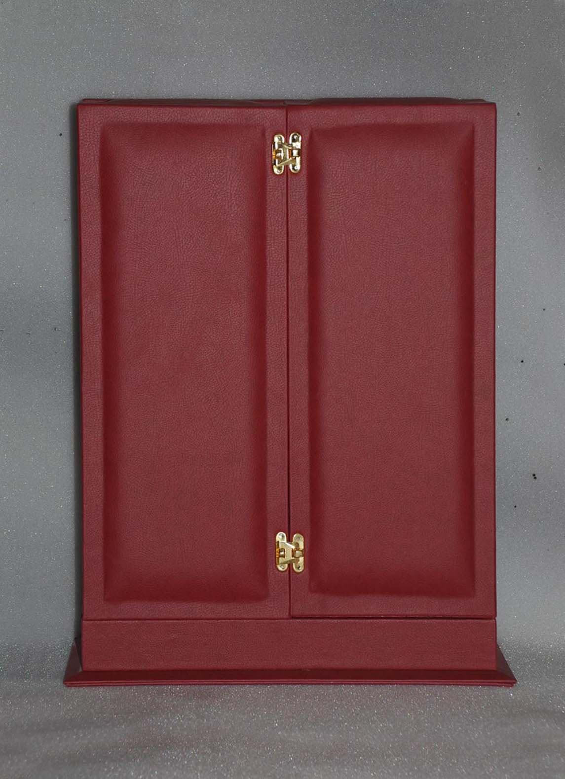Upright maroon PU presentation box with two recessed panels and a small central fastening