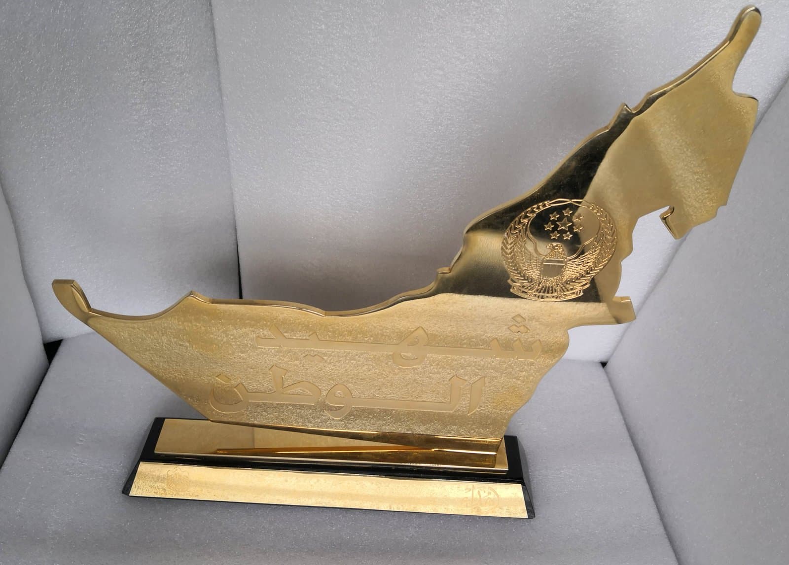 Gold-toned UAE-outline trophy with an emblem detail on a horizontal dark base