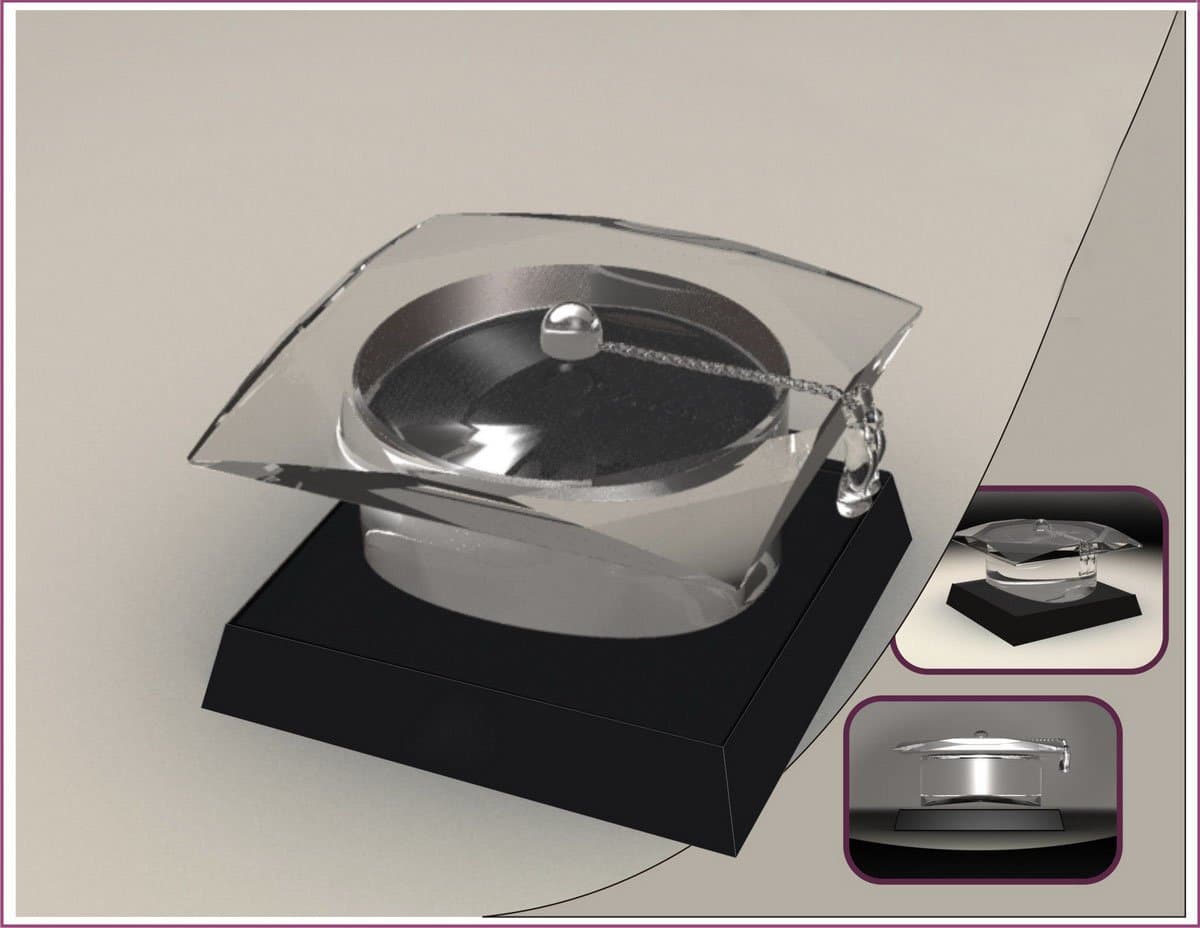 Transparent square display surrounding a circular inset feature above a black base