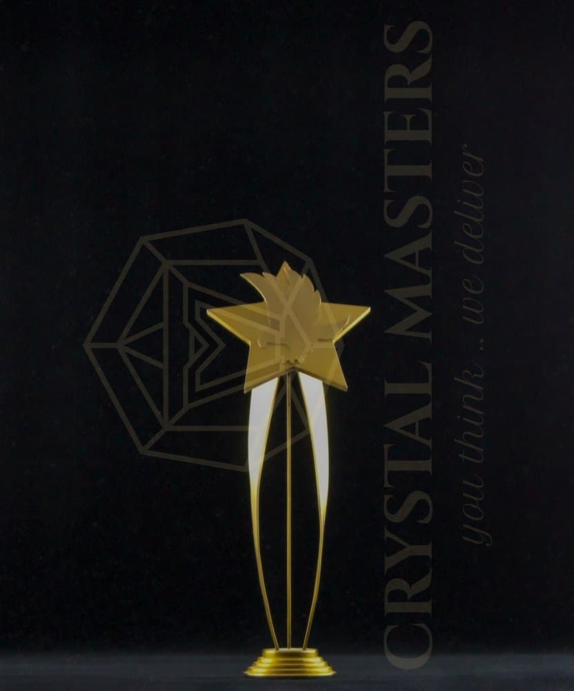 Gold-toned star atop slender open metal uprights and a rounded foot against a dark background