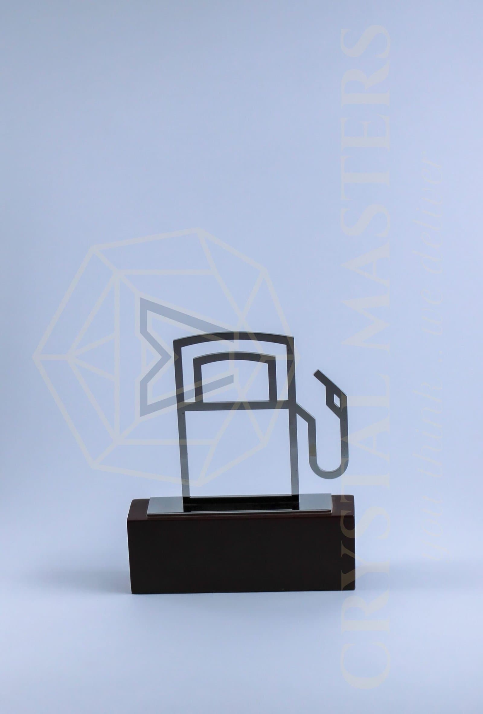 Transparent fuel-dispenser outline with a curved hose detail on a black rectangular base