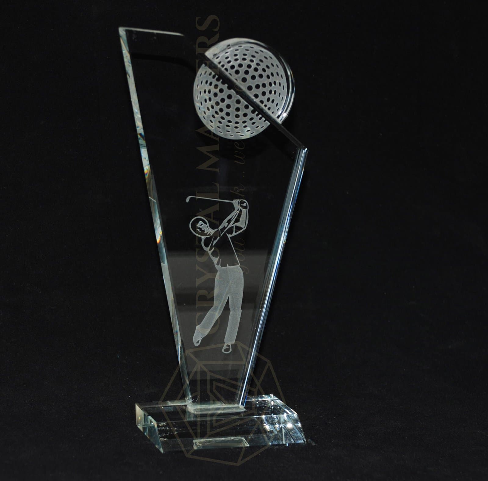 Tall clear golf award with an internal golfer figure, upper ball detail and shaped transparent foot
