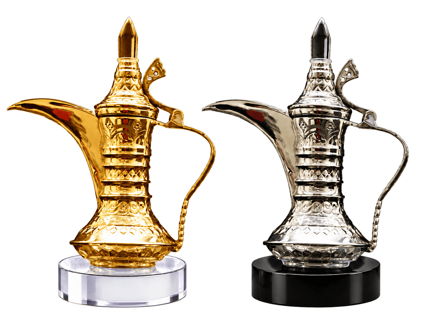 Gold and silver miniature Dallah coffee pots on white and black bases