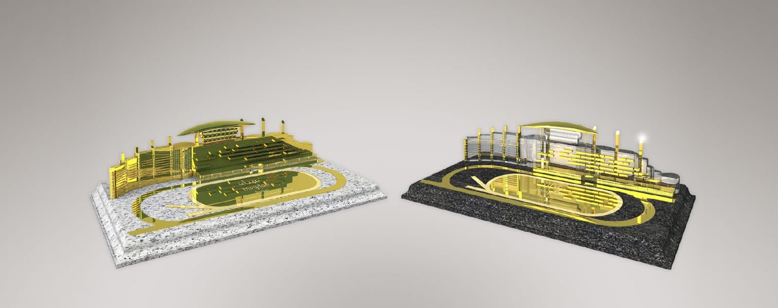 Two architectural stadium models with gold details on contrasting display bases