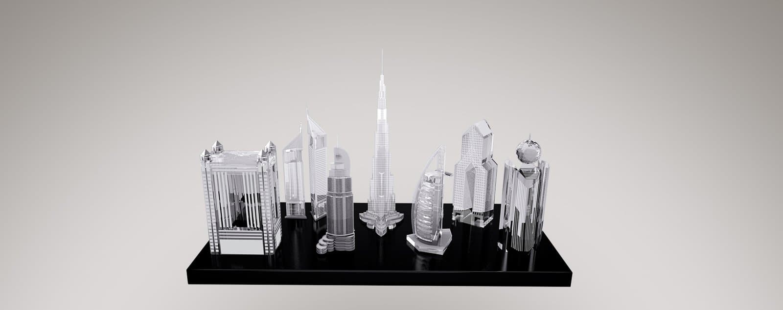 Clear crystal Dubai skyline model on a long black display base