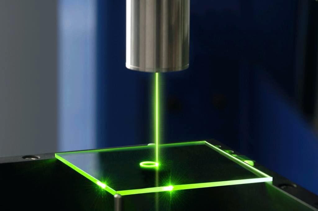 Bright green beam below a machine head with reflected lines across a transparent work surface