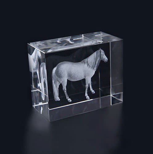 Side-view horse engraved within an upright clear rectangular crystal block